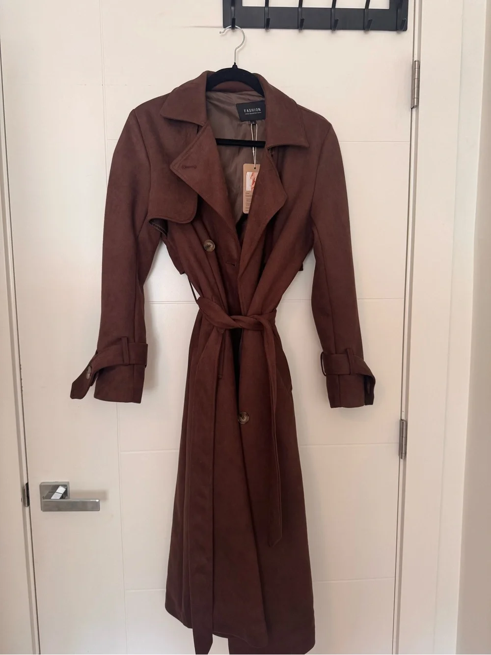 Suede Brown Trench Coat with Belt - Picture 3 of 5